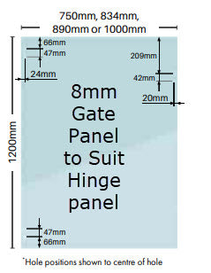 Glass Pool Fence Hinge Panels 12mm Thick to Suit 8mm Thick Gates with Polaris 155 & Master Range Soft Close Hardware, Clear Frameless Toughened Glass From 600mm W > 1800mm W x 1200mm H