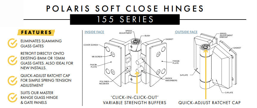 Polaris Soft Close Hinges 125 Series & 155 Series Hinge Sets & Brackets