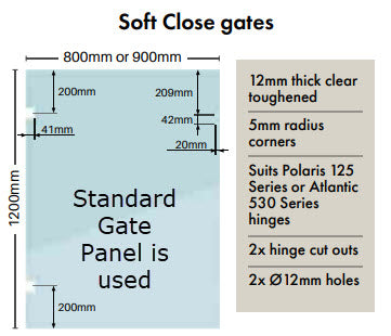 Glass Pool Fence Panels 12mm Thick Face Mount Hinge Panel Clear Frameless Toughened Glass 1000x1350mm H, Suited for Polaris 125 & Atlantic 530 Series Hinges.