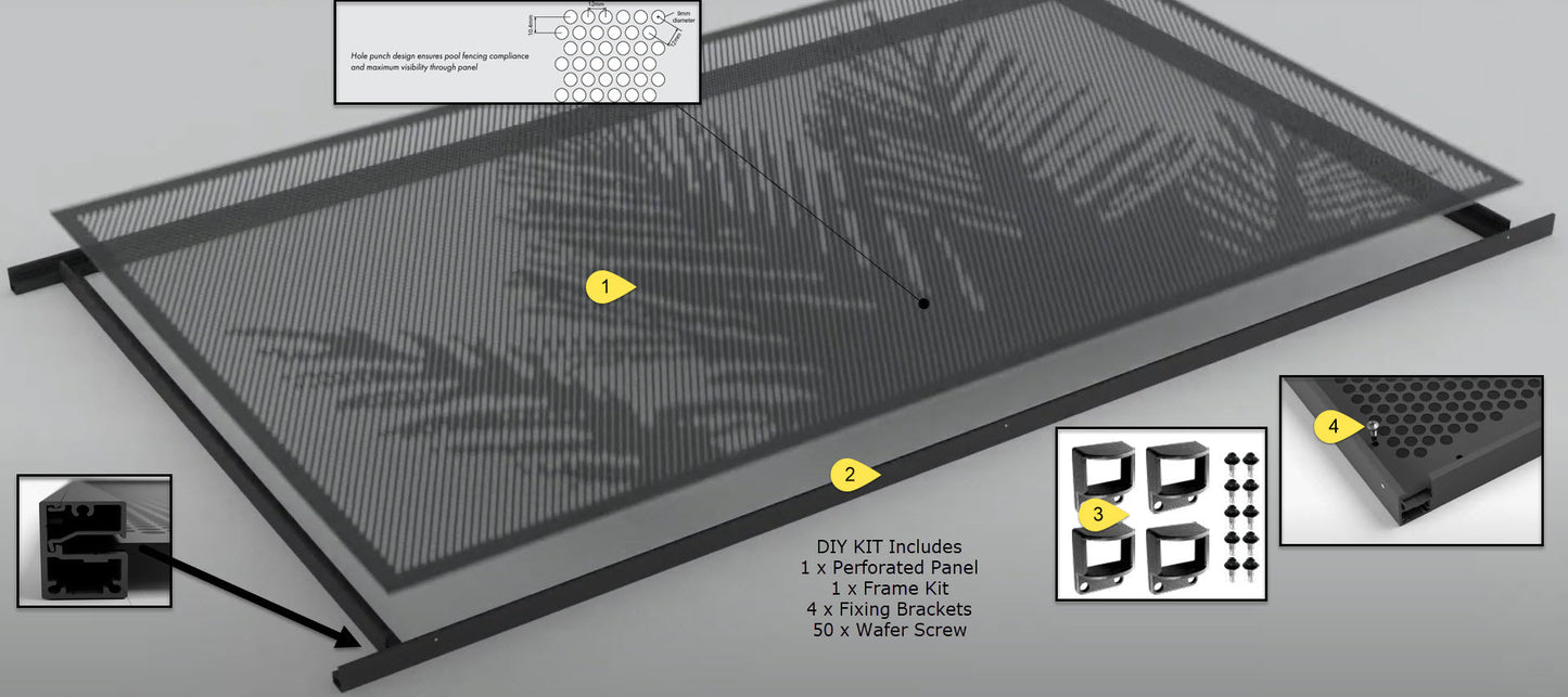 Premium Perf Full Panel Kit Pool Fencing - Bracket Fix / Full Perf or Palm Perf infill (Perforated)