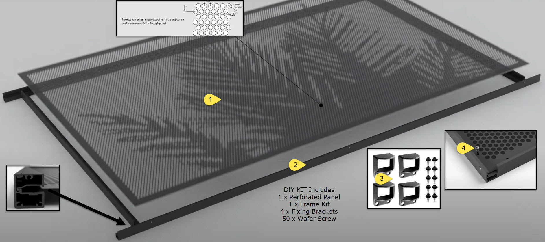 Premium Perf Full Panel Kit Pool Fencing - Bracket Fix / Full Perf or Palm Perf infill (Perforated)